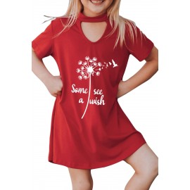 Red Dandelion Letters Print Keyhole Front T Shirt Dress