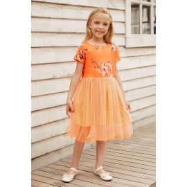 Orange Short Sleeves Floral Bodice Empire Waist Kids' Tulle Dress