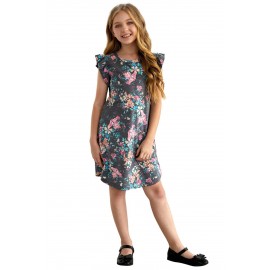 Gray Little Girls' Ruffle Sleeve Floral Dress with Pockets