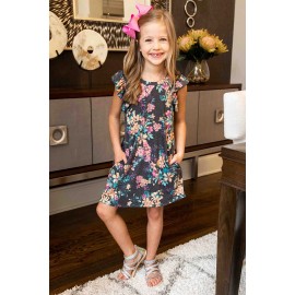 Gray Little Girls' Ruffle Sleeve Floral Dress with Pockets