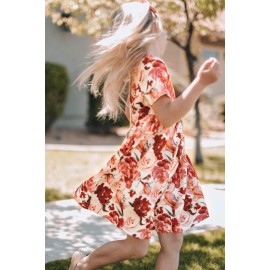 Crewneck Short Sleeve Floral Girl's Midi Dress