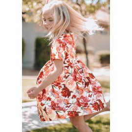 Crewneck Short Sleeve Floral Girl's Midi Dress