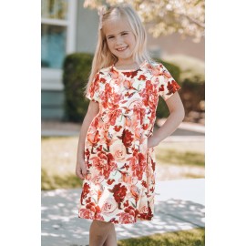 Crewneck Short Sleeve Floral Girl's Midi Dress