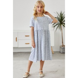 Gray Girl's Leopard Print Crew Neck High Waist Midi Dress