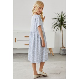 Gray Girl's Leopard Print Crew Neck High Waist Midi Dress