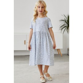 Gray Girl's Leopard Print Crew Neck High Waist Midi Dress