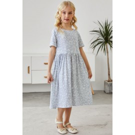 Gray Girl's Leopard Print Crew Neck High Waist Midi Dress