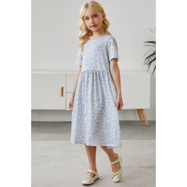 Gray Girl's Leopard Print Crew Neck High Waist Midi Dress
