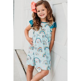 Sky Blue Graphic Print Ruffled Cap Sleeve Girl's Mini Dress