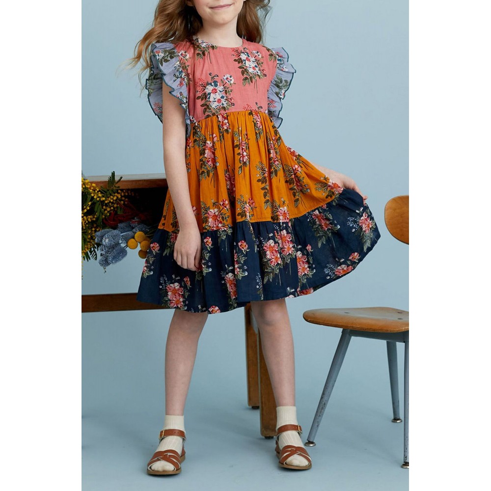 Multicolor Little Girl Colorblock Floral Print Ruffles Pleated Midi Dress Multicolor Little Girl Colorblock Floral Print Ruffles Pleated Midi Dress