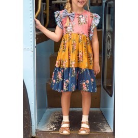 Multicolor Little Girl Colorblock Floral Print Ruffles Pleated Midi Dress