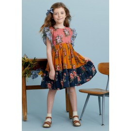 Multicolor Little Girl Colorblock Floral Print Ruffles Pleated Midi Dress