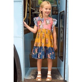Multicolor Little Girl Colorblock Floral Print Ruffles Pleated Midi Dress