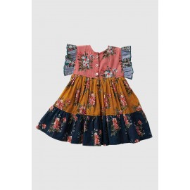 Multicolor Little Girl Colorblock Floral Print Ruffles Pleated Midi Dress