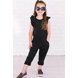 Black Little Girls Ruffled Shoulder Keyhole Back Jumpsuit with Pockets