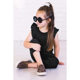 Black Little Girls Ruffled Shoulder Keyhole Back Jumpsuit with Pockets