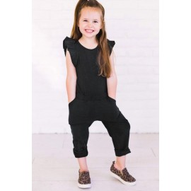 Black Little Girls Ruffled Shoulder Keyhole Back Jumpsuit with Pockets