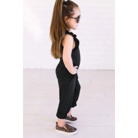 Black Little Girls Ruffled Shoulder Keyhole Back Jumpsuit with Pockets