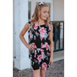Black Floral Print Ruffled Sleeveless Girls Romper
