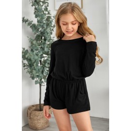 Black Solid Color Long Sleeve Elastic Waist Pocket Girl’s Romper