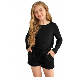 Black Solid Color Long Sleeve Elastic Waist Pocket Girl’s Romper