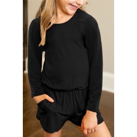 Black Solid Color Long Sleeve Elastic Waist Pocket Girl’s Romper