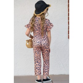 Little Girl Wild Leopard Flutter Sleeve Jumpsuit