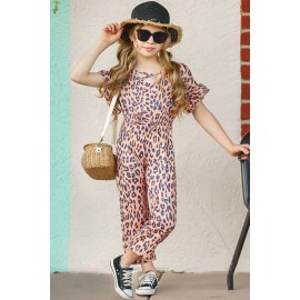 Little Girl Wild Leopard Flutter Sleeve Jumpsuit