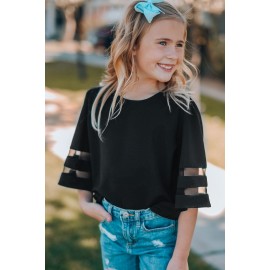 Black Girl's 3/4 Bell Sleeve Mesh Panel Blouse