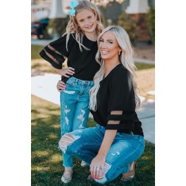 Black Girl's 3/4 Bell Sleeve Mesh Panel Blouse