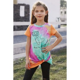 Orange Tie Dye Tape Letter Graphic Print Twist Knot Girl's T Shirt