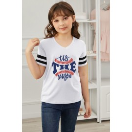 White Baseball Letter Graphic Print Striped Short Sleeve Girl's T Shirt