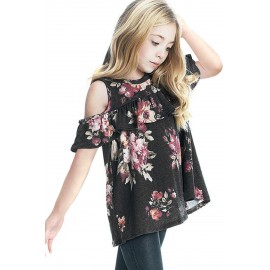 Black Ruffled Cold Shoulder Floral Girls' Top