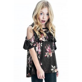 Black Ruffled Cold Shoulder Floral Girls' Top