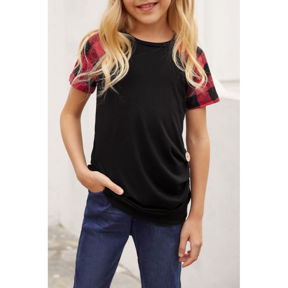 Black Plaid Raglan Sleeves Girls’ Tee