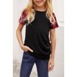 Black Plaid Raglan Sleeves Girls’ Tee