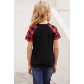 Black Plaid Raglan Sleeves Girls’ Tee