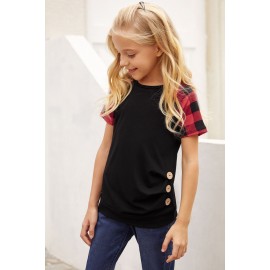 Black Plaid Raglan Sleeves Girls’ Tee