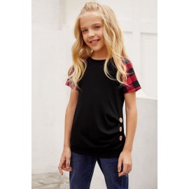 Black Plaid Raglan Sleeves Girls’ Tee