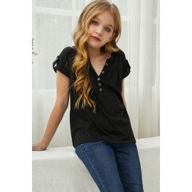 Black Roll up Short Sleeve Girls' Top with Buttons