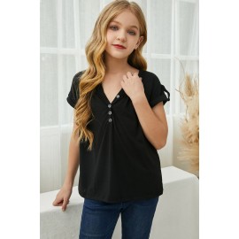 Black Roll up Short Sleeve Girls' Top with Buttons