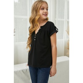 Black Roll up Short Sleeve Girls' Top with Buttons