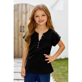 Black Roll up Short Sleeve Girls' Top with Buttons