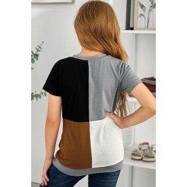 Brown Round Neck Color Block Little Girl T-shirt