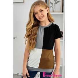 Brown Round Neck Color Block Little Girl T-shirt