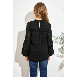 Black Split Neck Swiss Dot Little Girls' Blouse