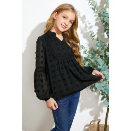 Black Split Neck Swiss Dot Little Girls' Blouse