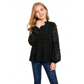 Black Split Neck Swiss Dot Little Girls' Blouse