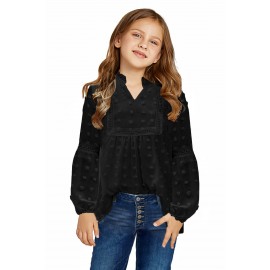 Black Split Neck Swiss Dot Little Girls' Blouse