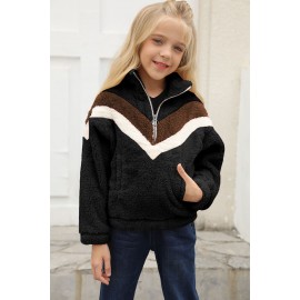 Black Stripe Color Block Half Zip Girl Fleece Sweatshirt with Pocket